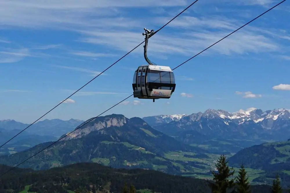 Gondel van de Markbachjochbahn boven Niederau met uitzicht over de Alpen