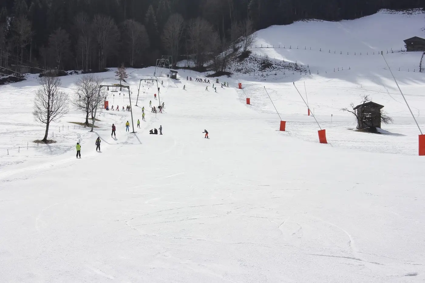 Ski school groups with children at a drag lift on a wide practice slope with snow cannons
