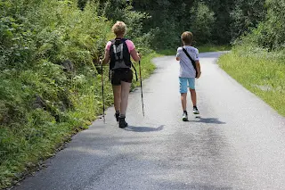 An adult with walking poles and a child walking along a narrow paved road between greenery